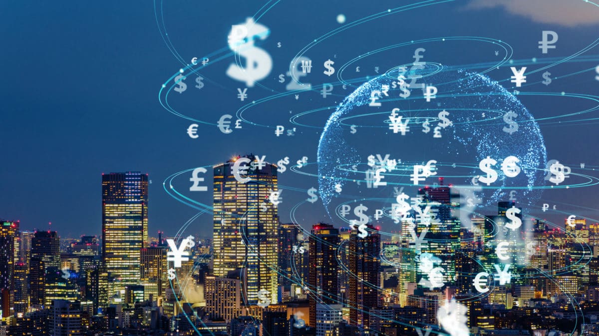 A city scape with the symbols for a type of money, money, money and more money.